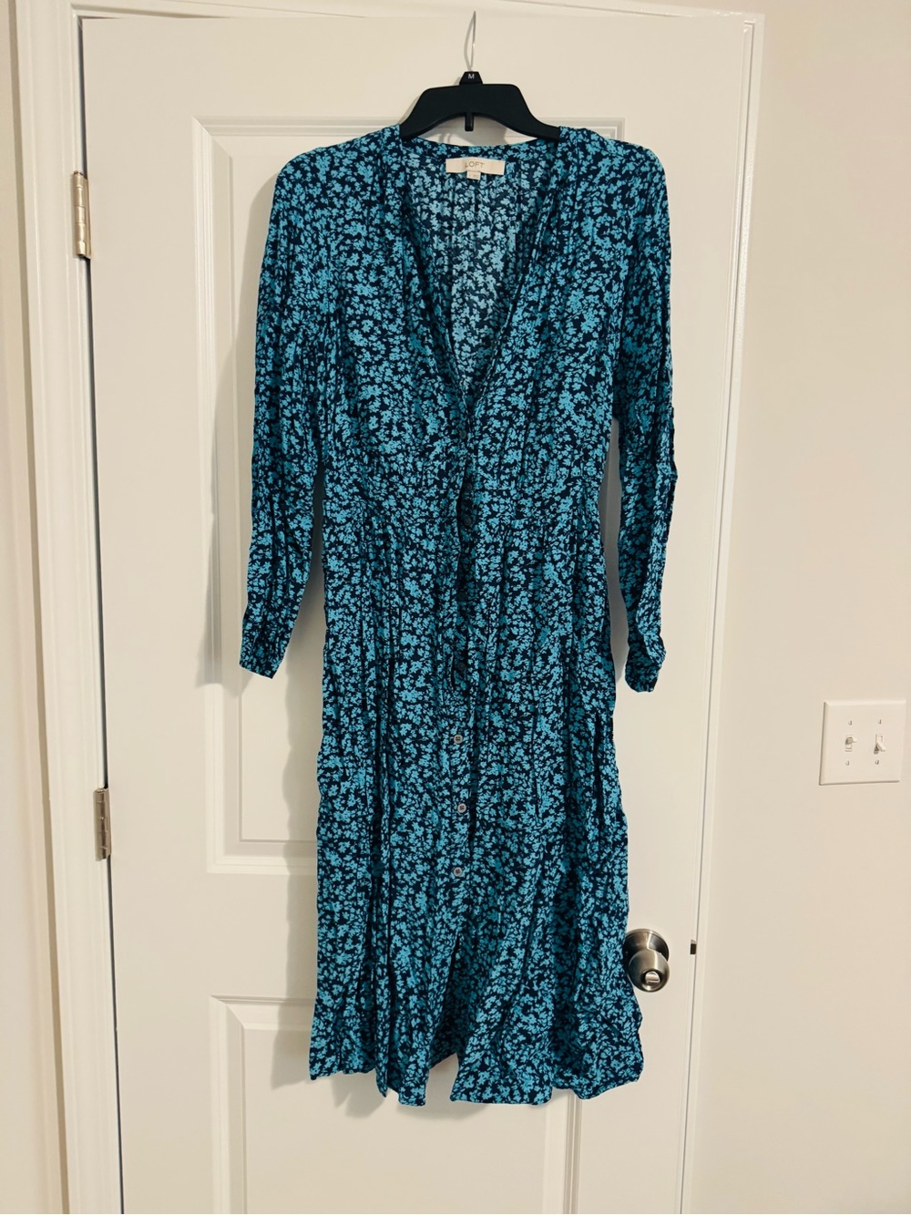 LOFT Teal and Black Floral Long Sleeve Midi Dress